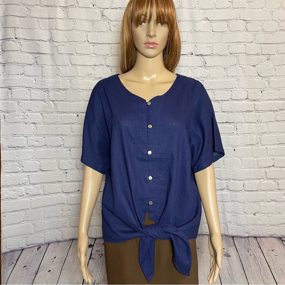 NWT New $79 Anne Klein Linen Short Sleeve Front Tie Blue Top Size M